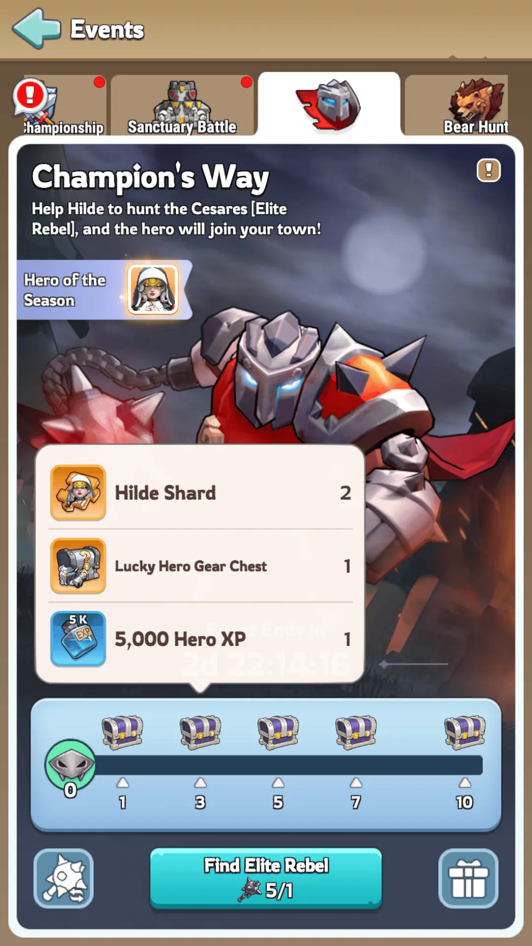 Champion's Way milestone chest 10 ultimate rewards featuring maximum Hilde shards, legendary gear chests, and premium forgehammers