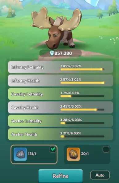 Moose after refinement - fully enhanced high-rarity pet with maximized combat stats