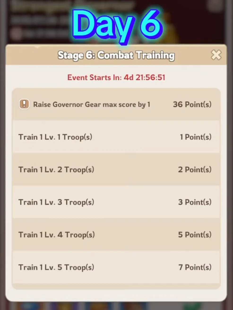 Kingshot Strongest Governor Day 6 stage overview showing tasks and point allocation